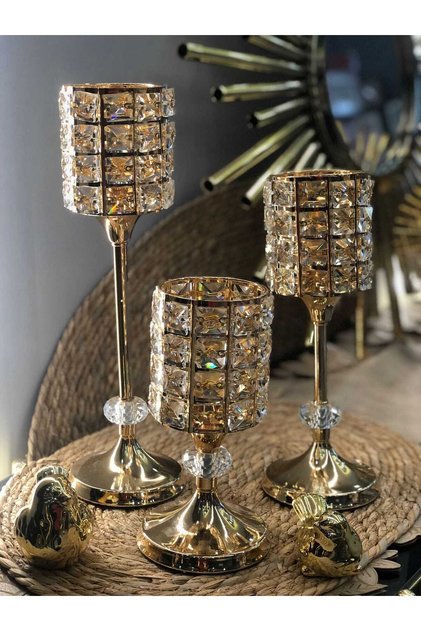 3'lü Gold Kristal Şamdan 35-30-25 Cm