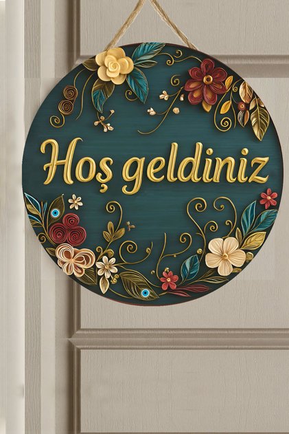 Çiçekli "Hoş Geldiniz" Ahşap MDF Kapı Süsü -2D Baskı Düz