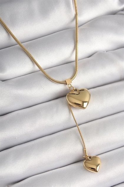 Gold Steel Women's Necklace with Dangling Chain and Heart Figure