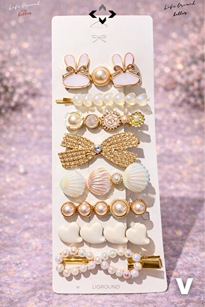 8 Pcs Women's Hairpin Set Colorful Pearl Stone F Bow Detail Snap Buckle Latch Buckle Gift Hairpin Set
