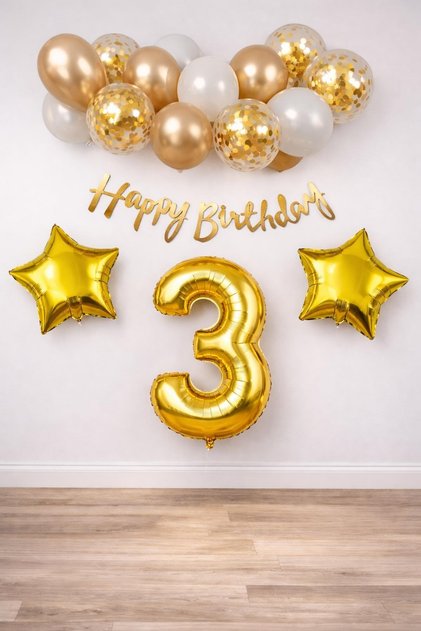 Gold Concept 3Rd Birthday Celebration Set; White Gold Confetti Balloon, Number Star Foil and Banner