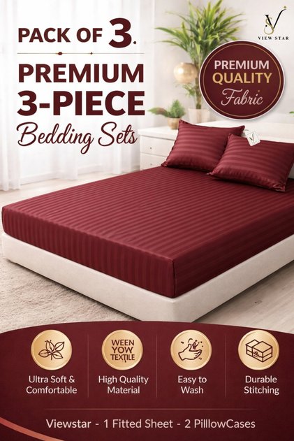 3-Piece Striped Fitted Maroon Bed Sheet Set with 2 Pillowcases, Soft Breathable Bedding