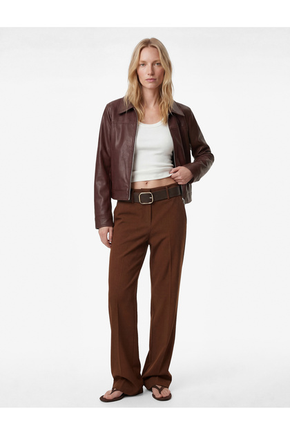 Pocketed Belt Detail Wide Leg Long Fabric Pants