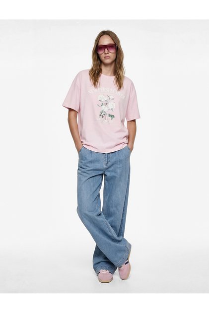 Floral Printed Oversize Pink Women's T-Shirt 6Sal10106Ik