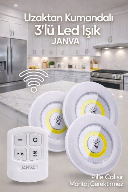 Masa Lambası Mutfak Tezgah Altı Banyo Dolabı Dolap İçi Kablosuz 3Lü Kumandalı Ve Pilli Led Işık