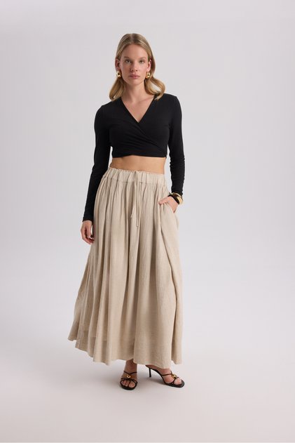 Gabbiano Lace-Up Pleated Beige Linen Skirt