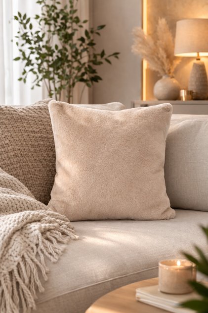 Premium Reversible Rabbit Plush Cushion Cover Ultra Soft Rabbit Hair Textured Cream (43X43 cm)