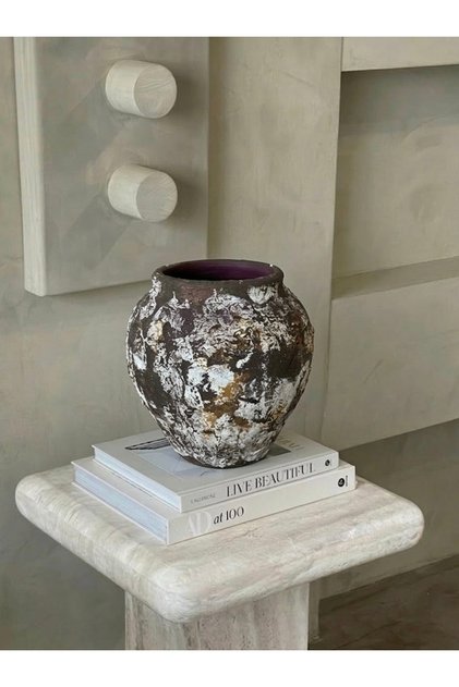 Handmade Natura Matte Dokulu küçük göbekli Dekoratif Vazo acı kahve eskitme