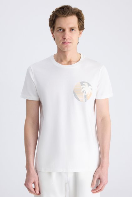 Slim Fit Ecru Honeycomb Knit 100% Cotton T-Shirt