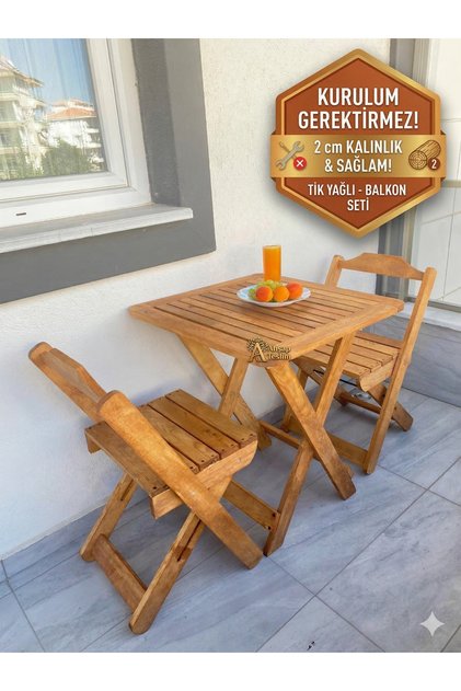 Masif Ahşap Katlanır Bahçe Balkon Masası ve 2 Sandalye Seti - Dış Mekan Mutfak Takımı