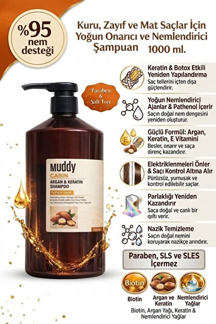 Muddy Argan-Keratin ve Nemlendirici içerikli Kuru-Zayıf ve Nemini