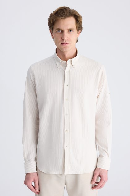 Ds Damat Regular Fit Dark Beige Striped Patterned Cotton Shirt
