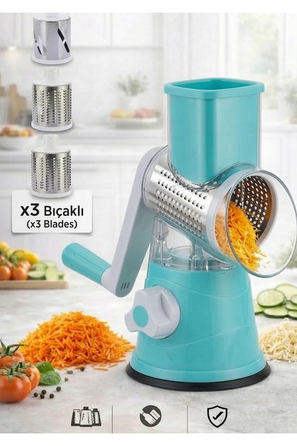 Çevirme Kollu Rende Ve Sebze Doğrayıcı 3 Aparatlı Masaüstü Seti-mavi