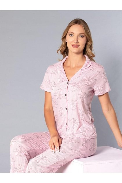 Buttoned Short Sleeve Shirt Pajama Set - Summer Floral Pattern Soft Milan Fabric - 58