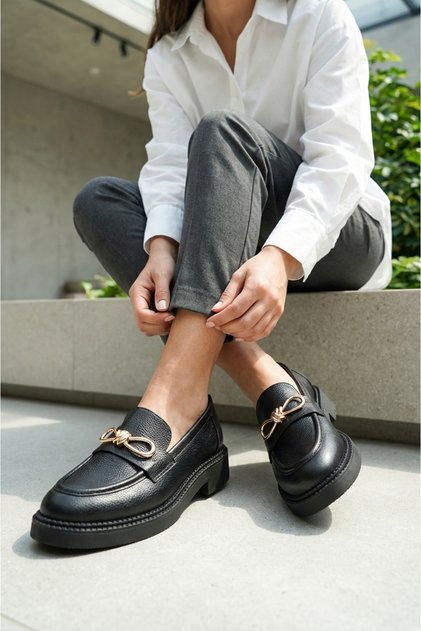 Black Printed Genuine Leather Women's Loafer Shoes with Metal Bow Buckle Real Leather Moccasin Shoes