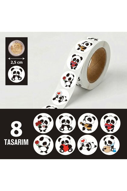 500 ADET 2,5cm RULO YAPIŞKANLI SEVİMLİ PANDALAR TASARIMLI STICKER ETİKET HEDİYE PAKETLEME