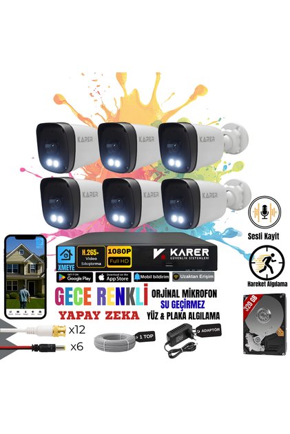 EXİTCAM 6 Kameralı Full HD Sesli AHD Güvenlik Seti – 8 Kanal DVR, 320 GB HDD, Renkli Gece Görüşü, Yüz ve Araç Algılama, IP66