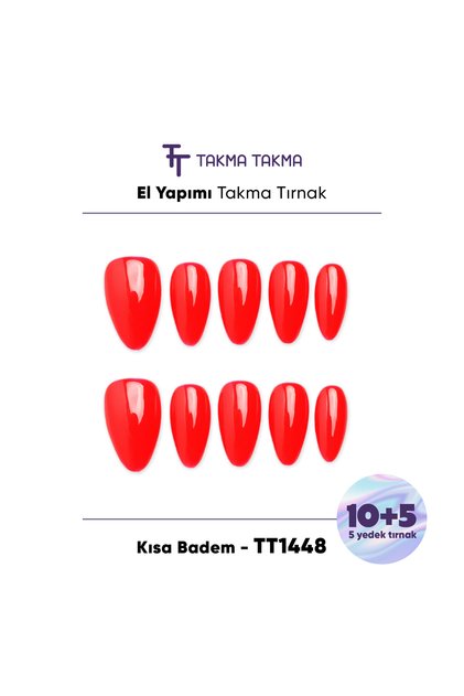 10'lu Kırmızı Uzun Badem TT1448 Tekrar Kullanılabilir El Yapımı Protez Takma Tırnak Kırmızı-M