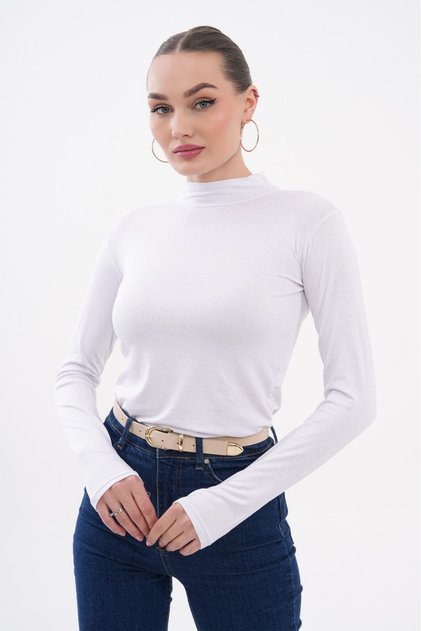 100% Viscose White Women's Bodysuit with Finger Detail – Long Sleeves | Flexible and Soft Fabric