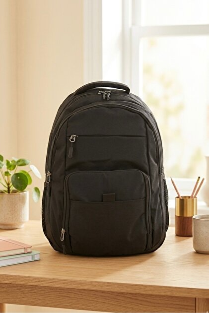 Siyah Unisex Çok Gözlü Laptop Bölmeli Su Geçirmez Okul Sırt Çantası 5824