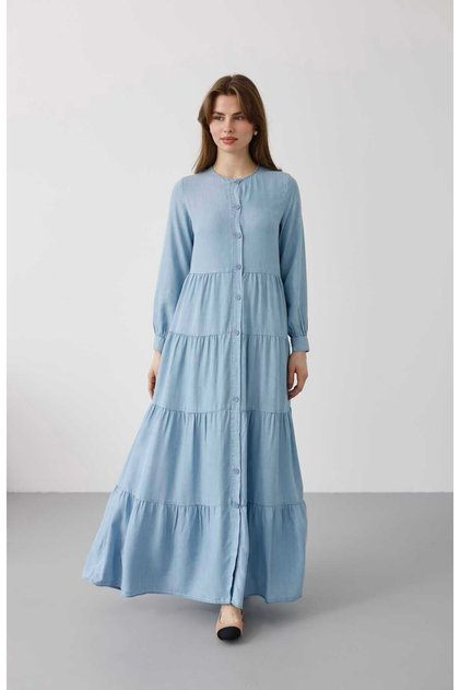 6556-Denim Düğmeli Büzgülü Elbise Açık Mavi
