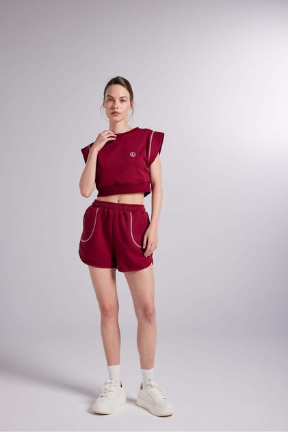 Beli Lastikli Kontrast Dikişli Mini Rhode Şort Bordo