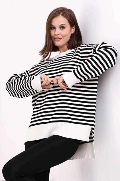 Striped Oversize Knitwear Sweater 6336 Ecru-Black