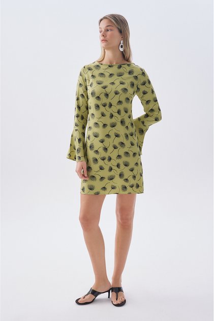 Women's Green Floral Patterned Mini Dress with Tie Detail