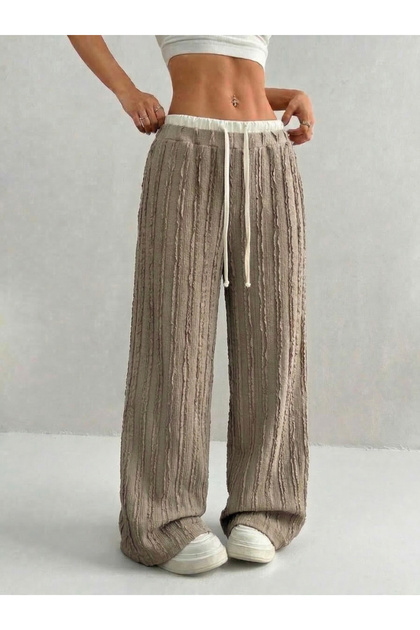 Wide Leg, Elastic Waist, Lace-Up, Textured, High Waist, Comfortable Cut Women's Trousers