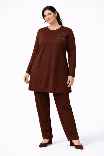 Women's mid-life regular fit two-thread combed cotton tunic and pants two-piece set 4389