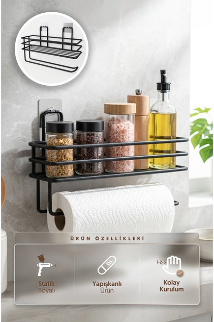 Yapışkanlı Raflı Kağıt Rulo Havluluk Peçetelik Siyah Banyo Mutfak Düzenleyici Raf