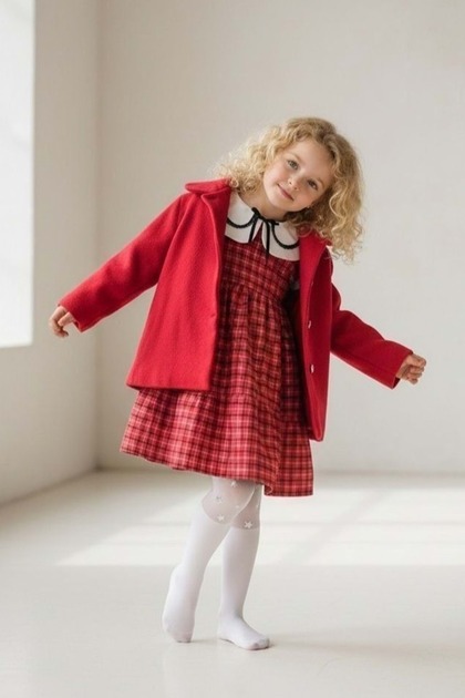 Girl's Plaid Fabric Embroidered Collar Dress with Stamp Jacket M00796 Red