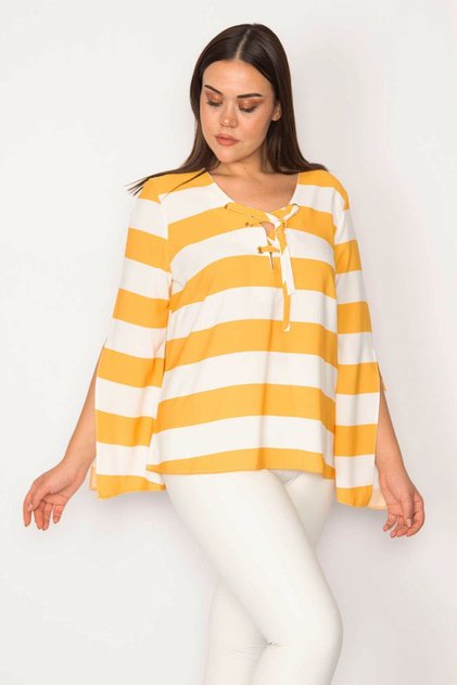 Women's Large Size Yellow Collar Eyelet Lace Detailed Sleeve Slit Striped Blouse 65n30165
