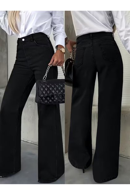 Enna Lycra Black Super Extra High Waist Loose Leg Casual Jean Trousers