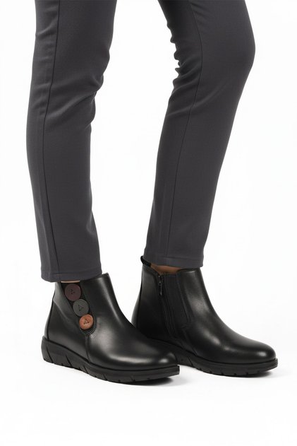 Black Genuine Leather Women's Flat Boots