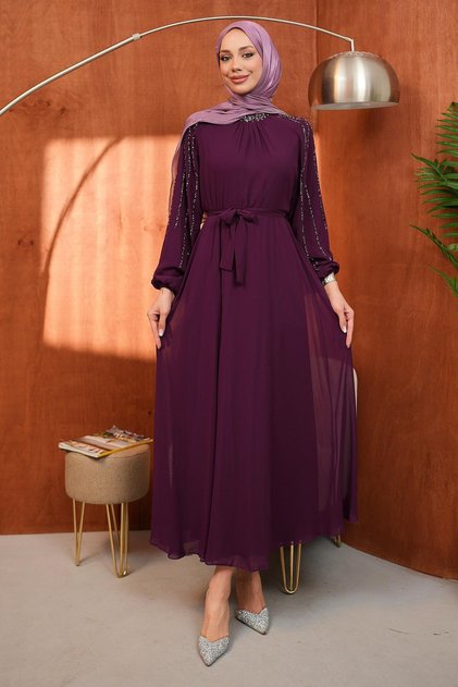 Purple Waist Belted Stone Embellished Evening Dress