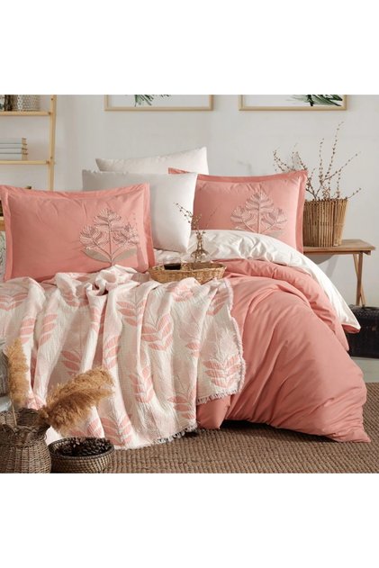 100% Cotton Double Muslin Covered Duvet Cover Set Loreva V3 Salmon