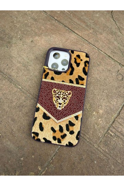 iPhone 13 Pro Max Purple Color L Leopard Printed Stone-Encropped Fur Premium Case