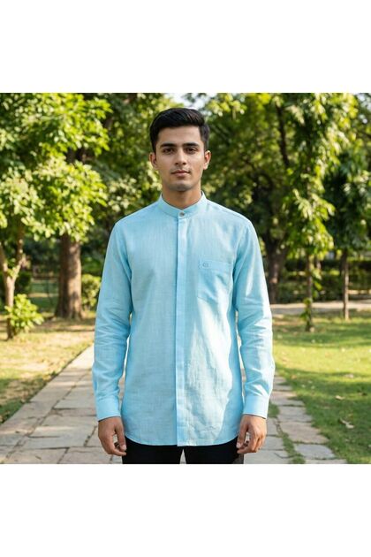Ensar Shirt Anti-Sweat 100% Cotton Flared Linen Hidden Placket Long Sleeve Metal Snap Fasteners Light Blue Color