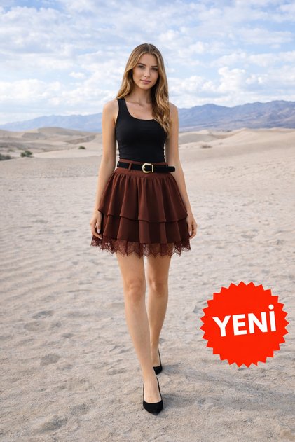 Women's Lace Guipure Lace Layered Mini Skirt – Pack of Belt Imported K Crepe Fabric Zippered Stylish Casual Skirt