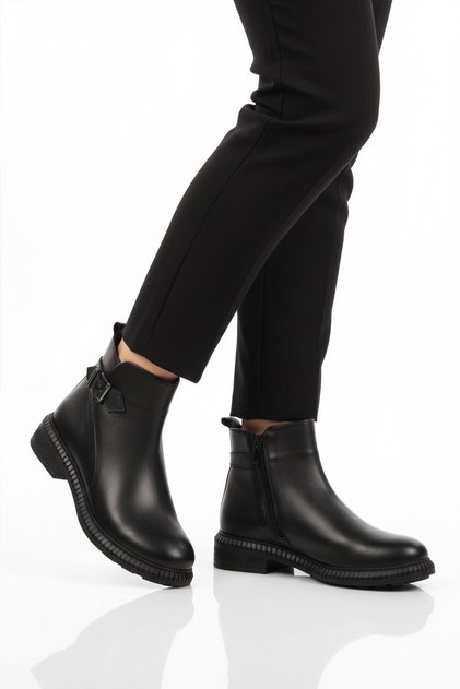Black Genuine Leather Women's Heeled Boots with Fleece Inside