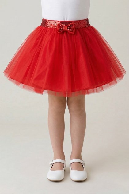 Girl's Red Waist Sequined Ribbon Detailed Tutu Skirt April 23 October 29 Show Skirt