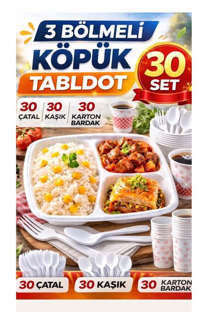 30 Kişilik Köpük Tabldot Seti 3 Bölmeli –30 Çatal 30 Kaşık 30 Karton Bardak kullan at tabak set