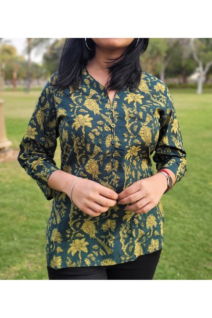 Premium bottle green cotton top/blouse with leaf prints for women - perfect for office / casual wear