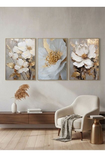 Üçlü Gold Metal Çerçeve Gold Gümüş Çiçek Poster Camlı Tablo Seti