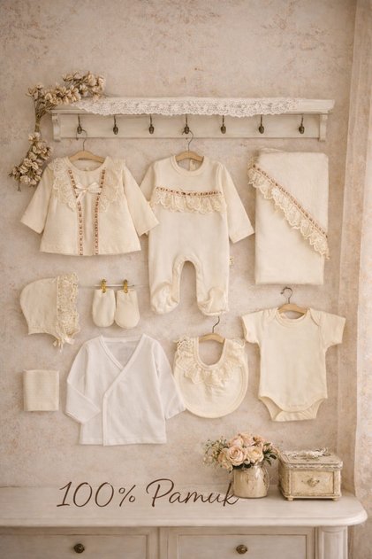 10'LU DANTELLİ YENİ DOĞAN KIZ BEBEK HASTANE ÇIKIŞI/ 10 LU %100 PAMUK DANTELLİ KIZ BEBEK ZIBIN SET