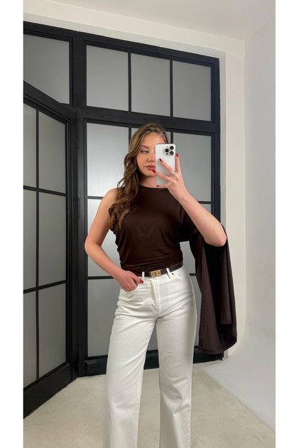 Brown One-Shoulder Cape Transparent Blouse - 1591