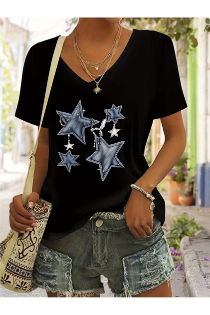Women's Denim Patterned Star Printed V-Neck Sleeves Regular Fit T-Shirt