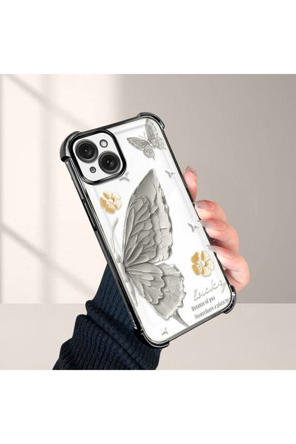 iPhone 15 Plus Compatible Kelebek Printed Transparent Silicone Shock-Absorbing Case Stylish and Durable