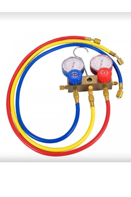 Üniversal 2 Valfli Gaz Manifold Manometre Saat Ø60 3 Hortumlu R407-410-134-404-22-32 Gaz Uygun Set